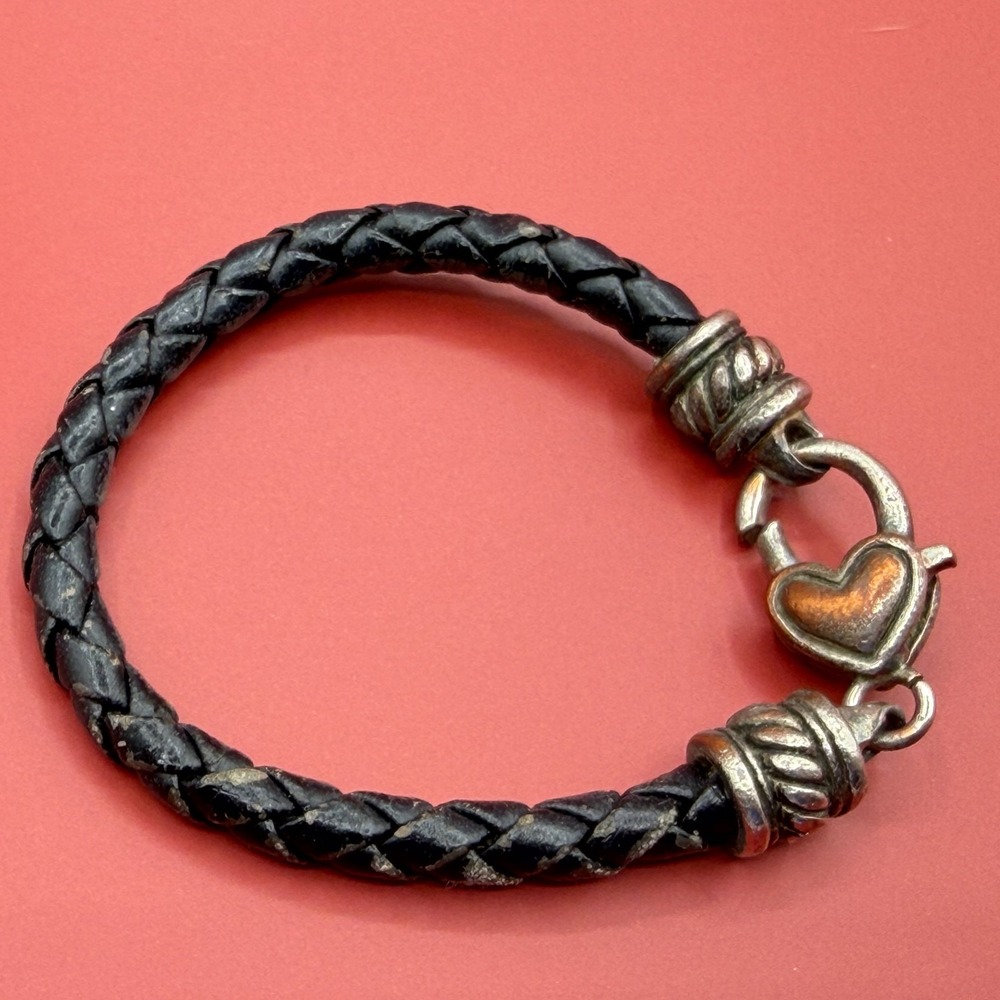 Black Braided Leather Bracelet Heart Clasp Silver Tone Boho Gothic Statement